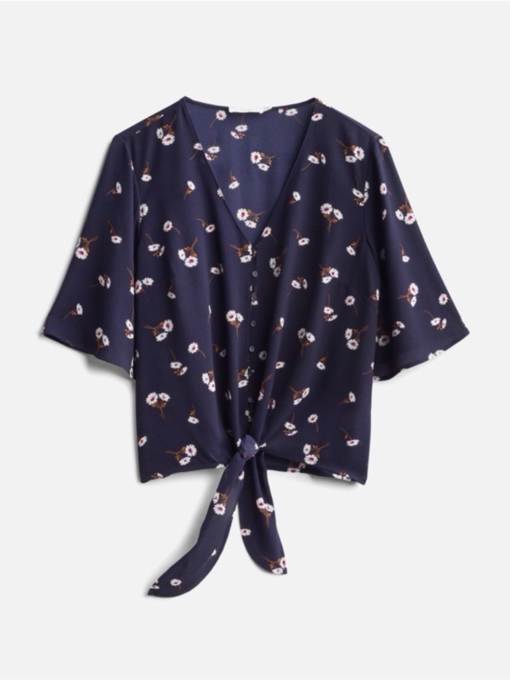Lush Navy Floral Tie-Front V-Neck Blouse